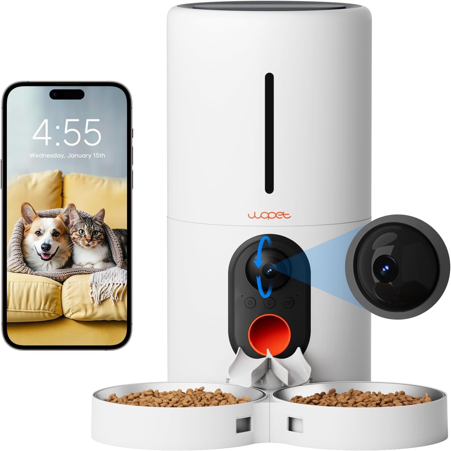 Smart Automatic Pet Feeder with Camera, WiFi 6L Dual Feeding & Two-Way Audio White Camera