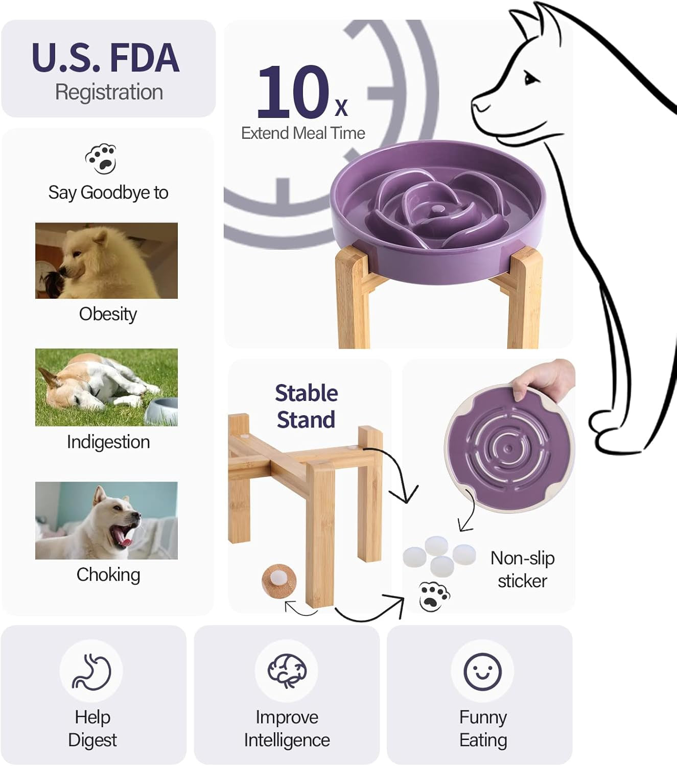 Elevated Ceramic Slow Feeder Dog Bowl 8.6in Heavy Weighted (various colors)