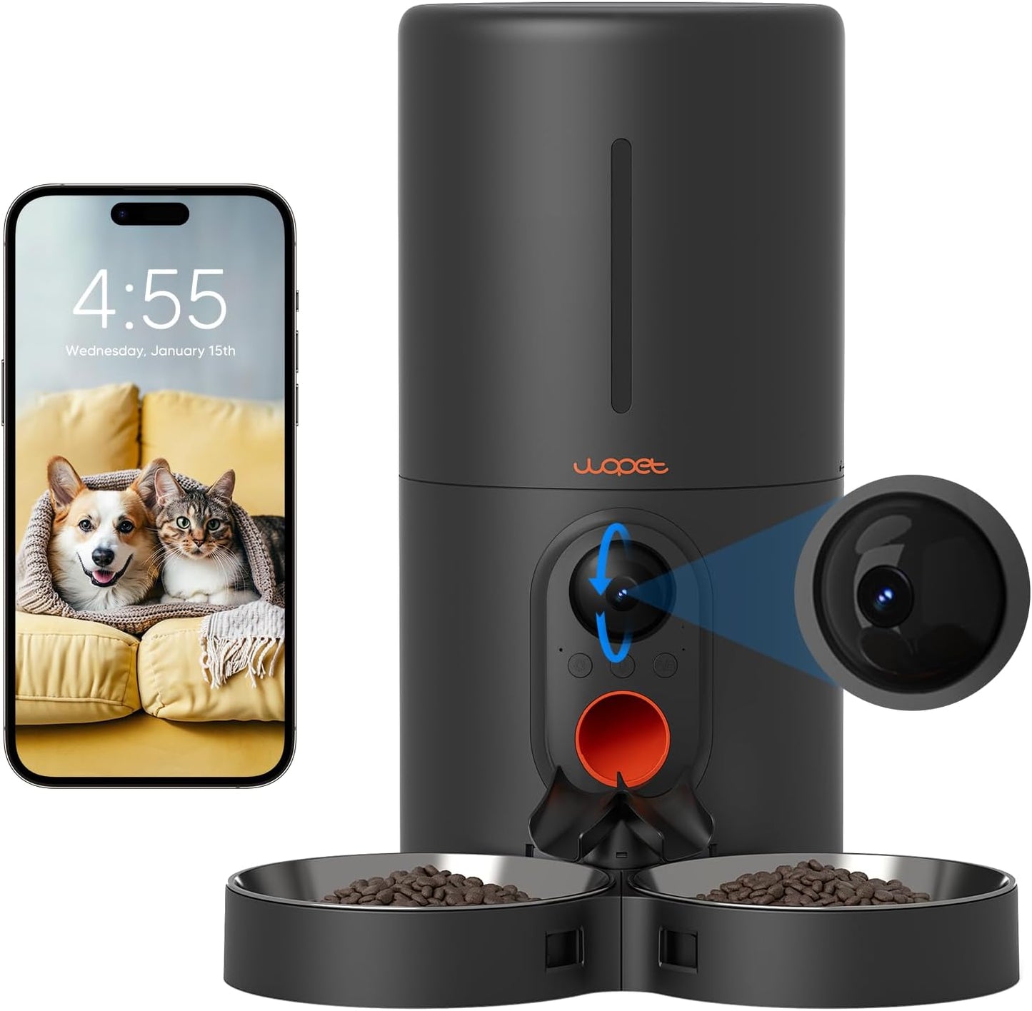 Smart Automatic Pet Feeder with Camera, WiFi 6L Dual Feeding & Two-Way Audio Black Camera