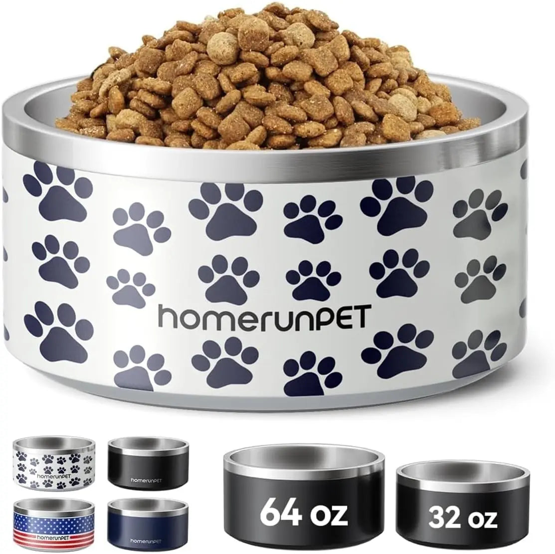 32oz Insulated Stainless Steel Dog Bowl Non-Slip 4 Colors Paw Print 32Oz