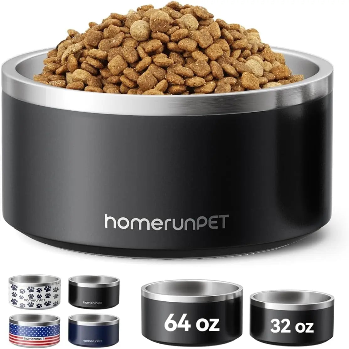 32oz Insulated Stainless Steel Dog Bowl Non-Slip 4 Colors Black 32Oz