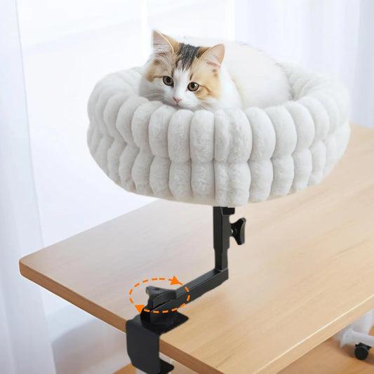 360° Cat Desk Bed – Rotating Adjustable Pet Nest with Soft Mat Brown