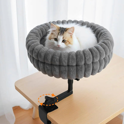 360° Cat Desk Bed – Rotating Adjustable Pet Nest with Soft Mat Grey