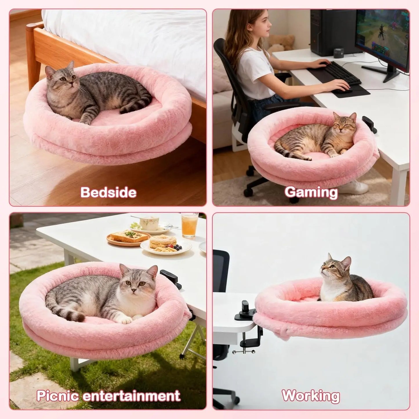 360° Cat Desk Bed with Clamp – Rotating Desktop Hammock for Home Offices
