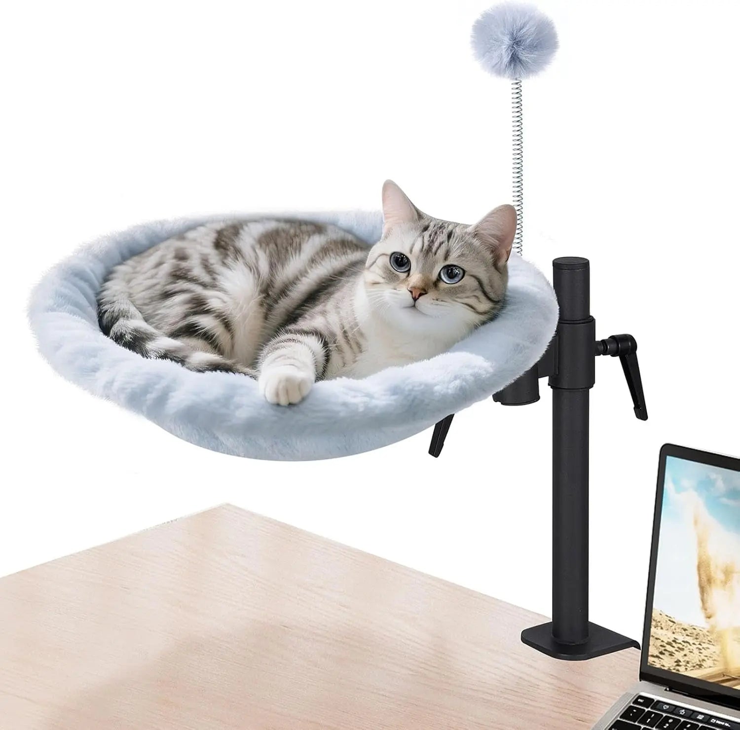 360° Cat Desk Bed with Clamp – Rotating Desktop Hammock for Home Offices Blue (Adjust Height)