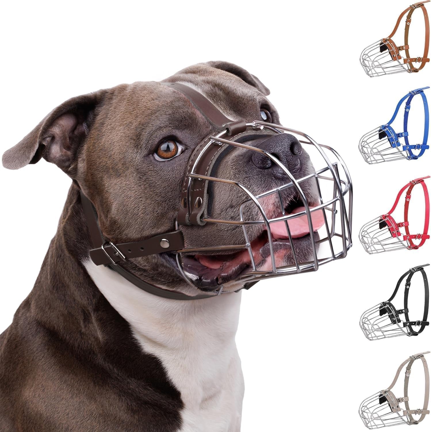 Breathable Metal Basket Dog Muzzle for Large Dogs with Leather Straps Leather, Dark Brown