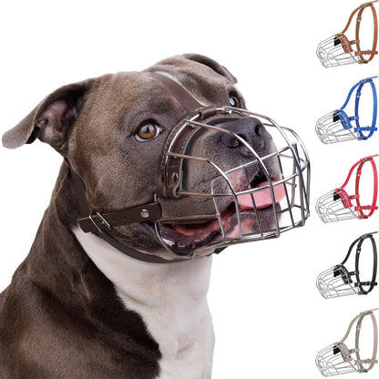 Breathable Metal Basket Dog Muzzle for Large Dogs with Leather Straps Leather, Dark Brown