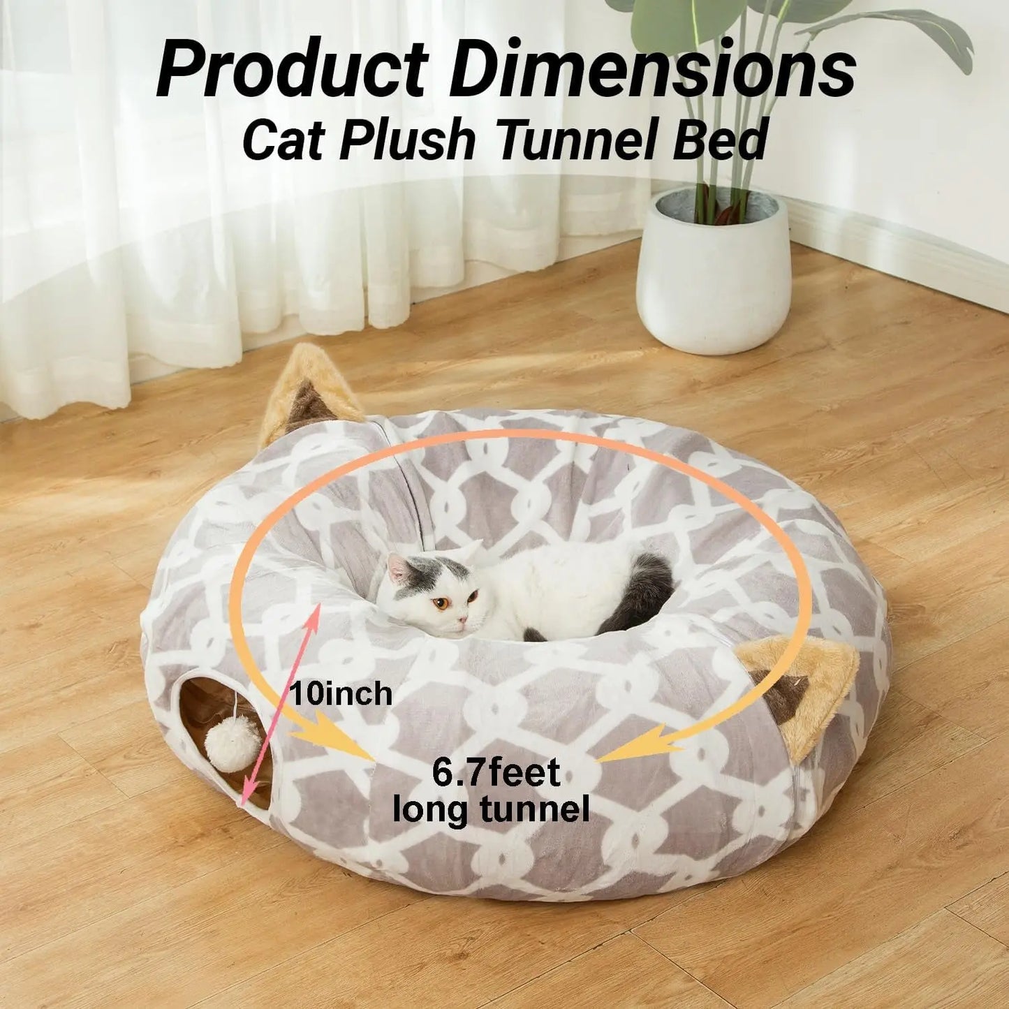 Plush Cat Tunnel Bed & Play Met - Large 10" x 3" Flexible Play Tube with Cushion & Toys for Cats, Kittens & Small Dogs