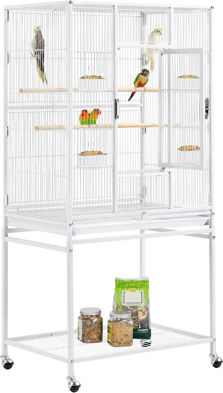 54" Wrought Iron Flight Bird Cage with Stand - Ideal for Parakeets, Conures, Lovebirds, Finches & Canaries White 24.5"L X 17.0"W X 53.5"H