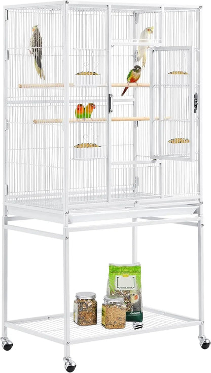 54" Wrought Iron Flight Bird Cage with Stand - Ideal for Parakeets, Conures, Lovebirds, Finches & Canaries White 24.5"L X 17.0"W X 53.5"H