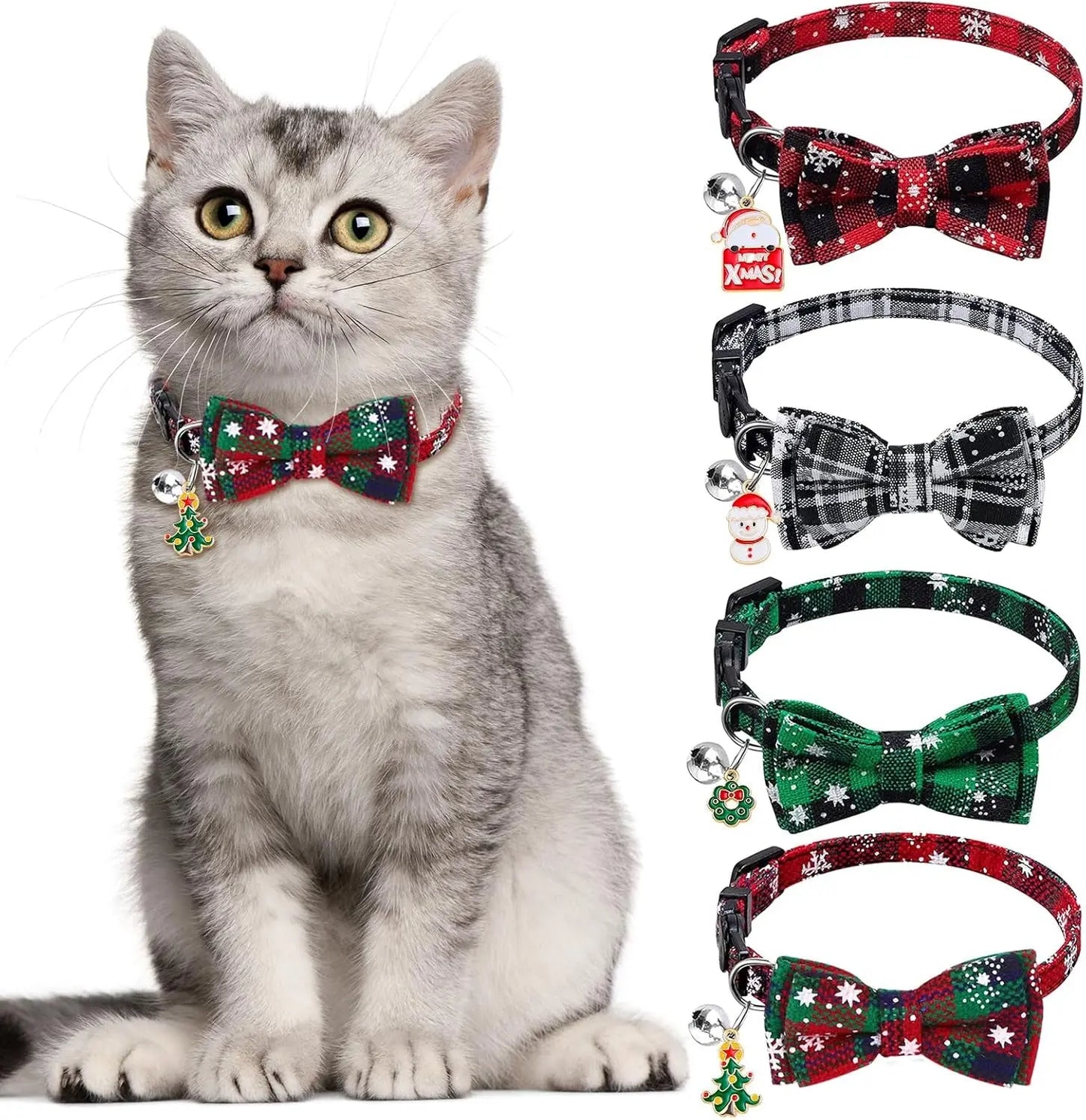 4 Pack Holiday Cat Collars – Breakaway Plaid Bow Tie & Bell Set Default Title