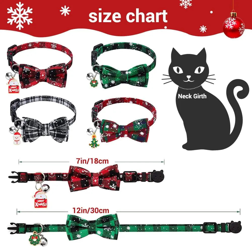 4 Pack Holiday Cat Collars – Breakaway Plaid Bow Tie & Bell Set