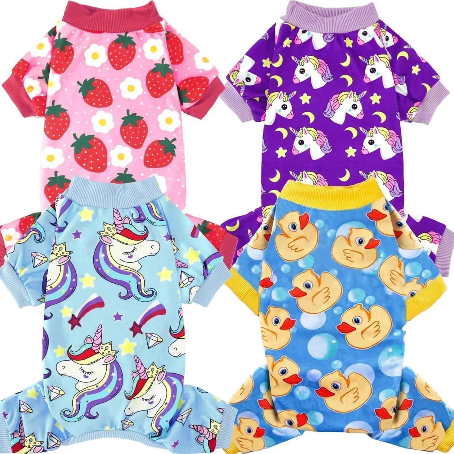 4-Pack Holiday & Christmas Dog Pajamas-for Dogs & Cats Sizes (sizes XS-XXL) Duck, Strawberry, 2 Unicorn