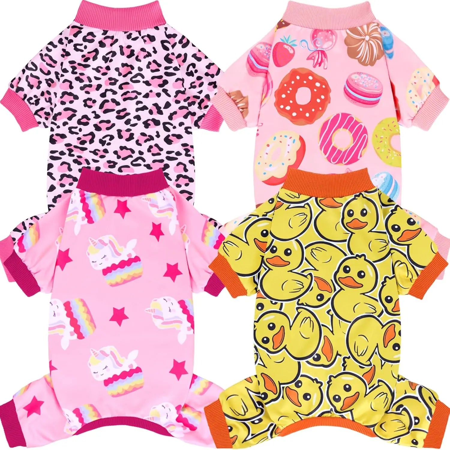 4-Pack Holiday & Christmas Dog Pajamas-for Dogs & Cats Sizes (sizes XS-XXL) Duck,Unicorn,Donuts,Leopard