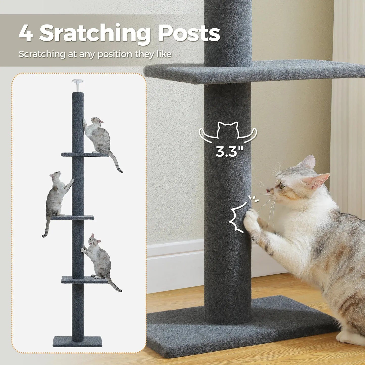 4-Tier Cat Tree Tower – Adjustable 90"-107" Floor-to-Ceiling Activity Center