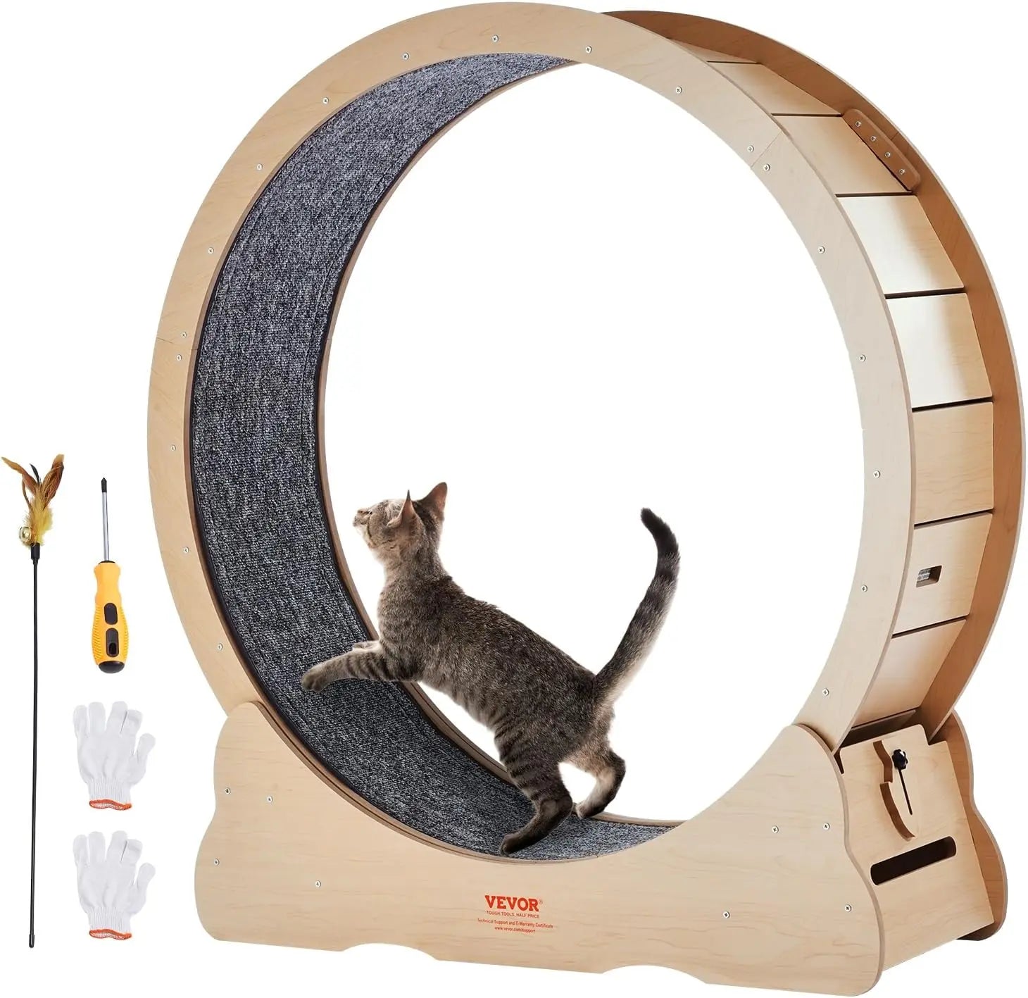 43.3" Large Cat Exercise Wheel – Running Treadmill with Detachable Carpet (Black) Natural Wood-43.3In