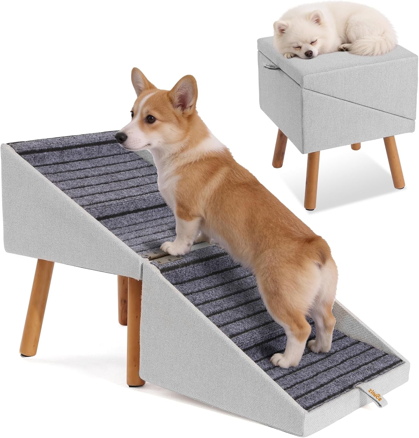 Dog Stairs for Couch 2 in 1 Foldable Pet Steps Ottoman Non Slip Light Grey Xl(17.13H)