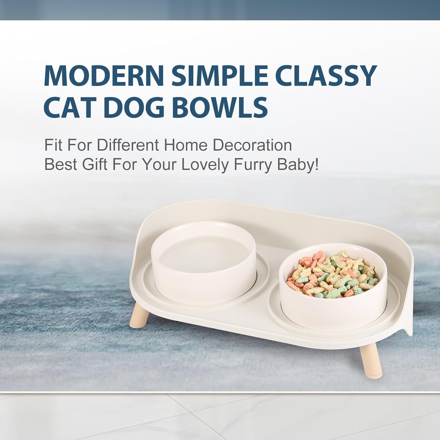 Elevated Ceramic Cat & Dog Bowl Set with Splash Guard, Non-Slip Stand (2x480ml)