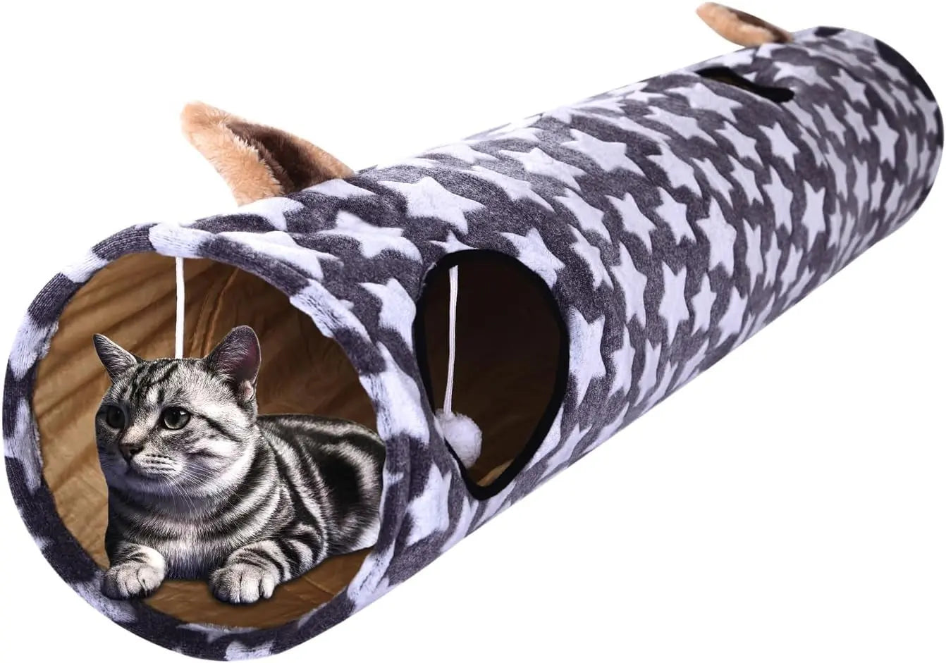 Plush Cat Tunnel Bed & Play Met - Large 10" x 3" Flexible Play Tube with Cushion & Toys for Cats, Kittens & Small Dogs