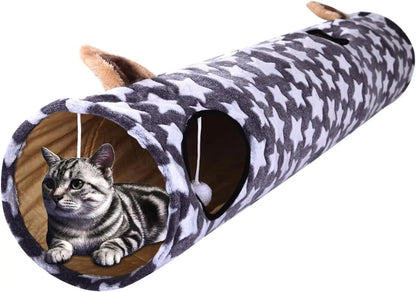 Plush Cat Tunnel Bed & Play Met - Large 10" x 3" Flexible Play Tube with Cushion & Toys for Cats, Kittens & Small Dogs