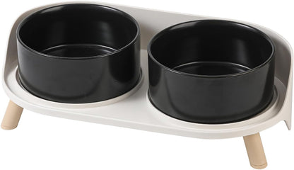 Elevated Ceramic Cat & Dog Bowl Set with Splash Guard, Non-Slip Stand (2x480ml) Black Medium