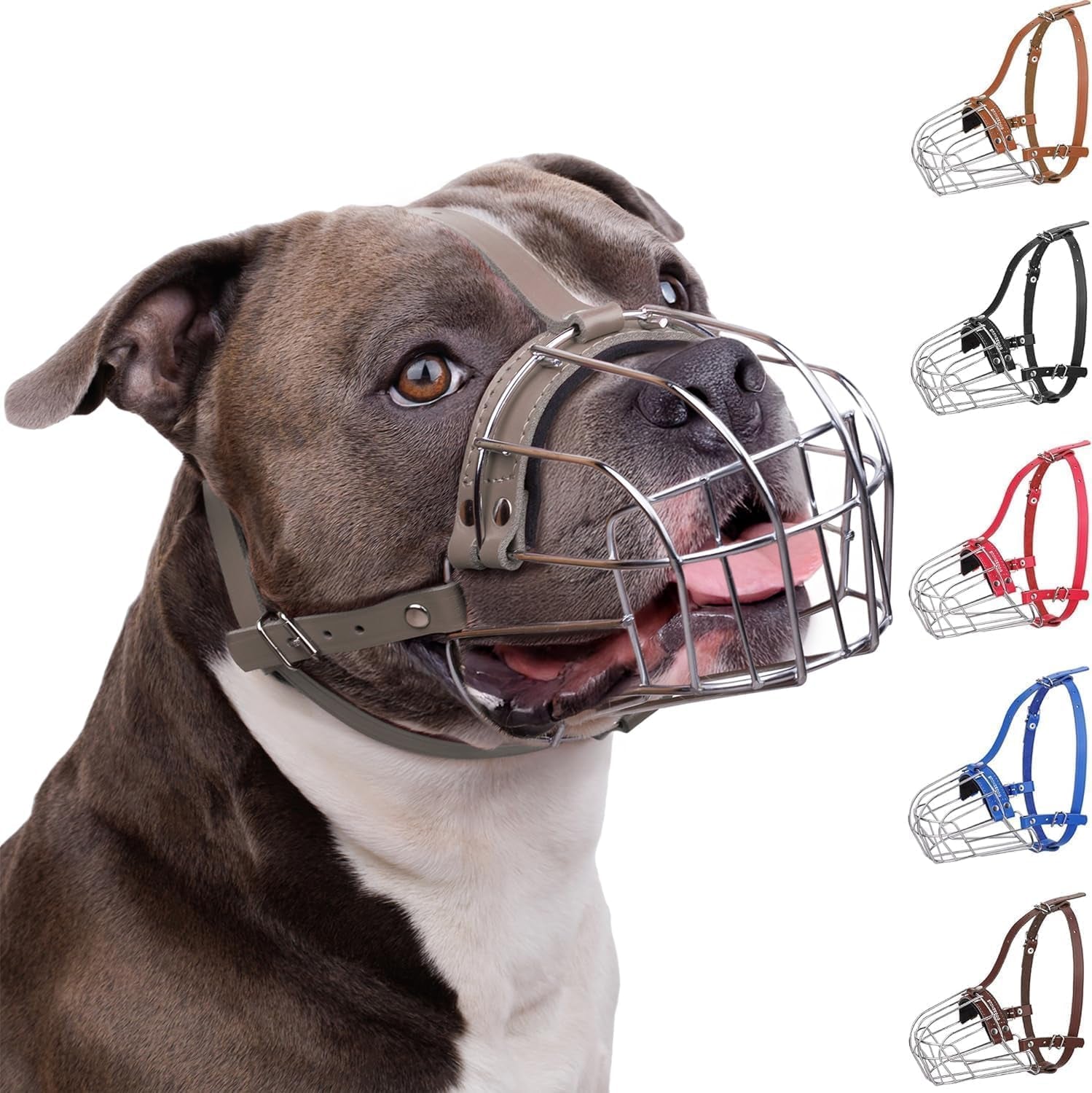 Breathable Metal Basket Dog Muzzle for Large Dogs with Leather Straps Leather, Gray