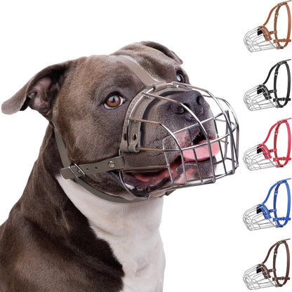 Breathable Metal Basket Dog Muzzle for Large Dogs with Leather Straps Leather, Gray