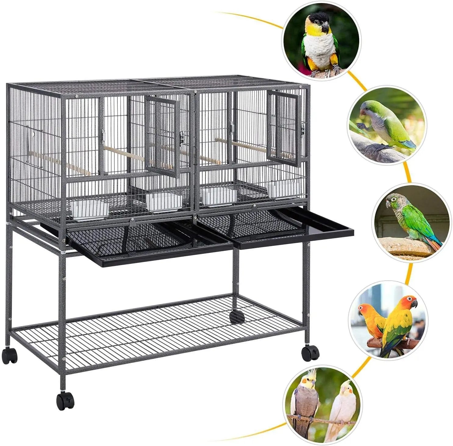 Large Stackable Divided Breeding Bird Cage (41.5") with Rolling Stand - Perfect for Cockatiels, Lovebirds & Budgies