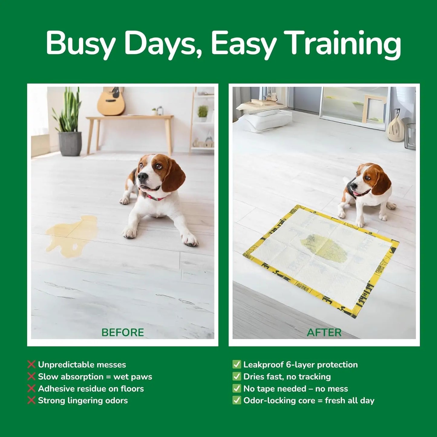 50 Count Dog Pee Pads–48% Plant-Based, Leak-Proof, Unscented Puppy Training Pads