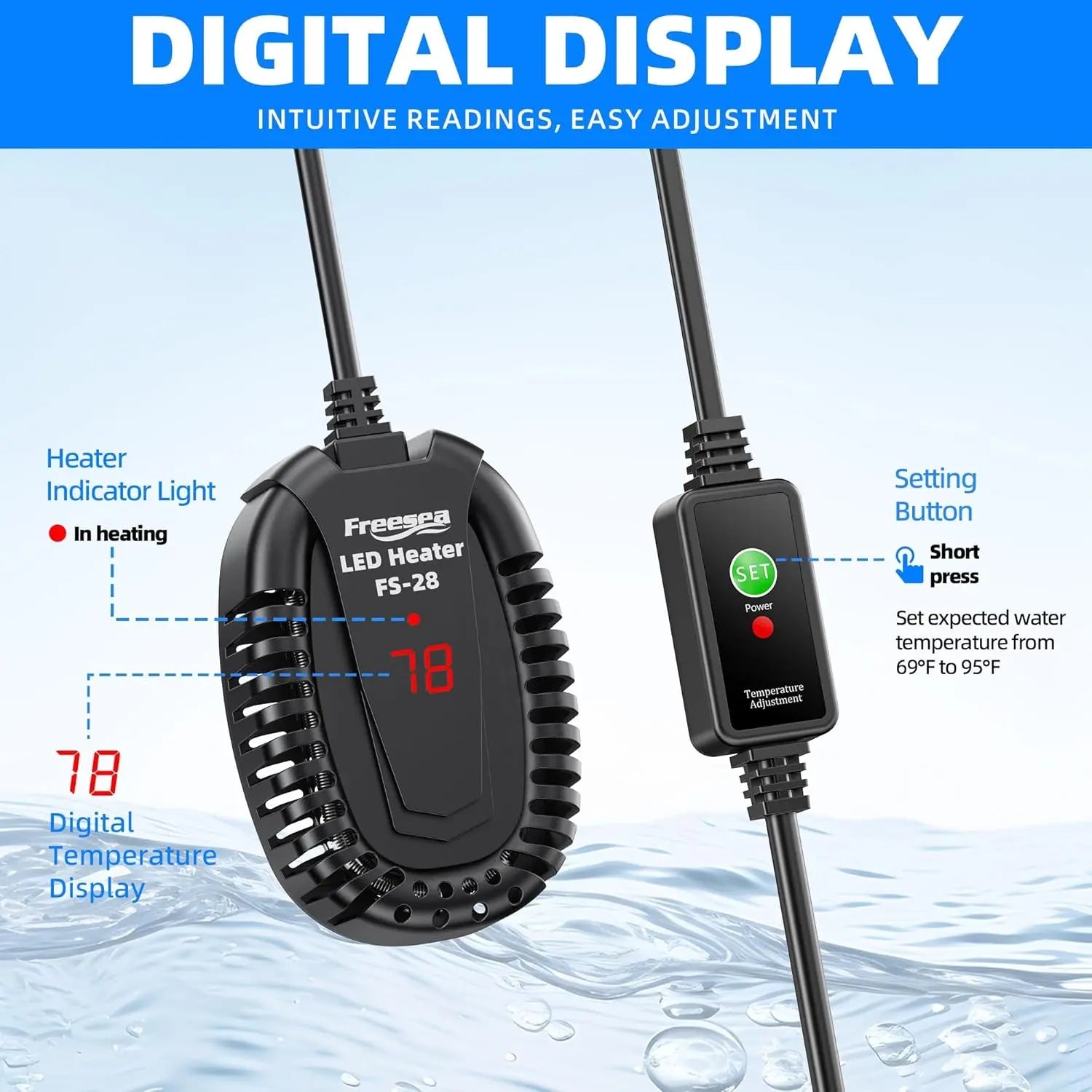 50W Submersible Aquarium Heater with External Temp Controller for Betta, Turtle, Fresh & Saltwater, 1-10 Gal