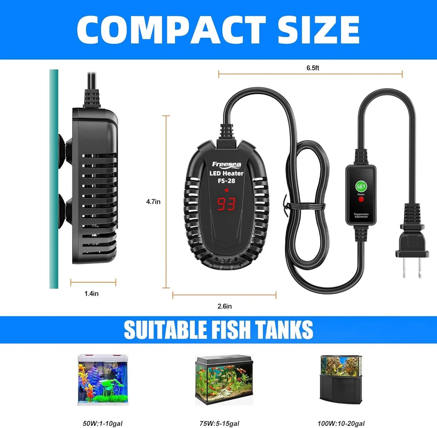 50W Submersible Aquarium Heater with External Temp Controller for Betta, Turtle, Fresh & Saltwater, 1-10 Gal