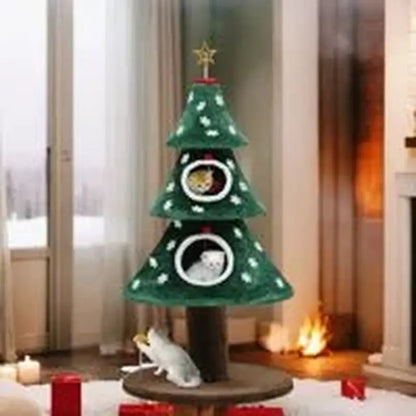 52" Christmas Cat Tree Tower with 2 Beds, Teaser Toys & Holiday Décor