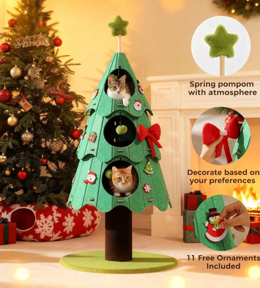 53" Christmas Cat Tree with 3 Condos, Multi-Level Indoor Cat Tower, Green