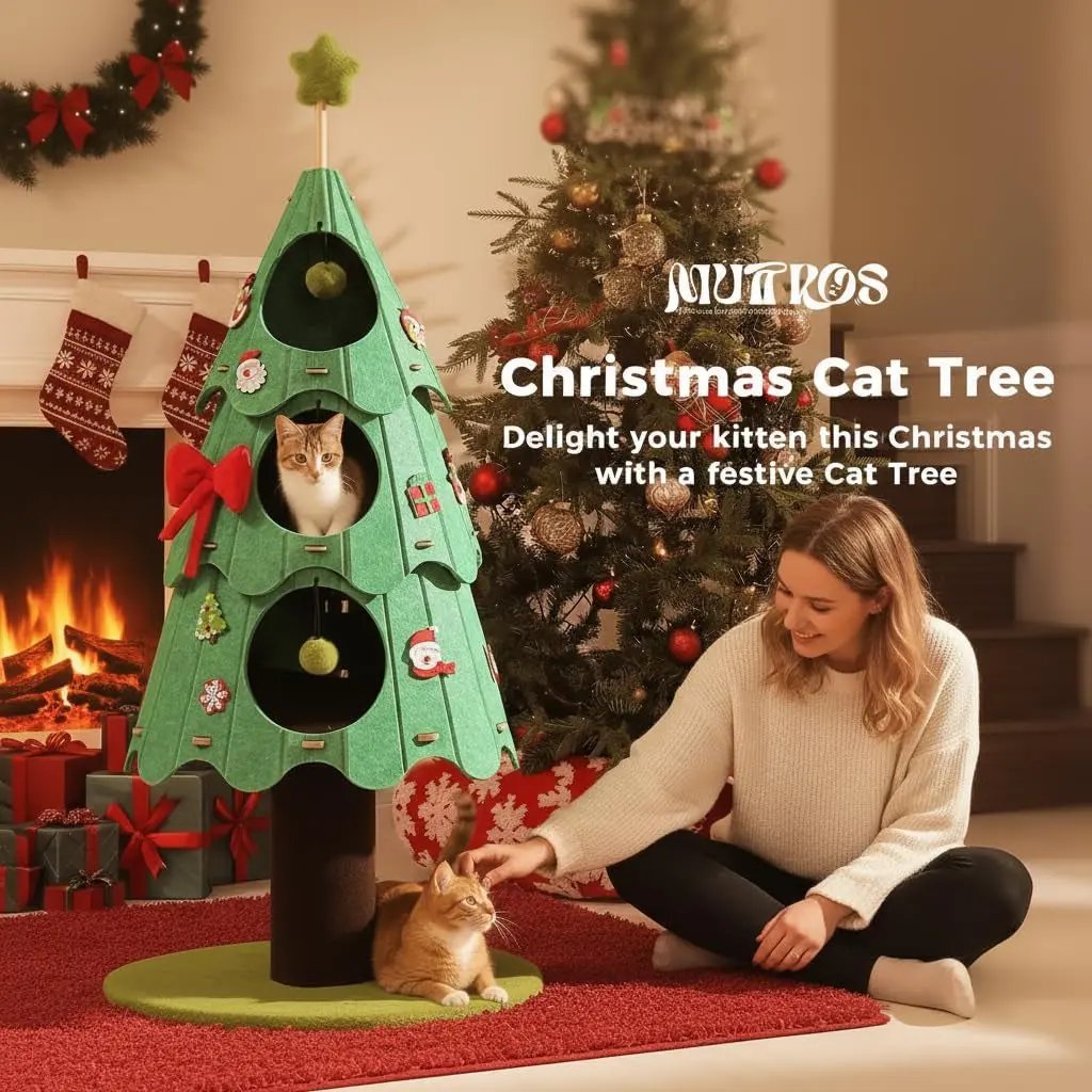 53" Christmas Cat Tree with 3 Condos, Multi-Level Indoor Cat Tower, Green