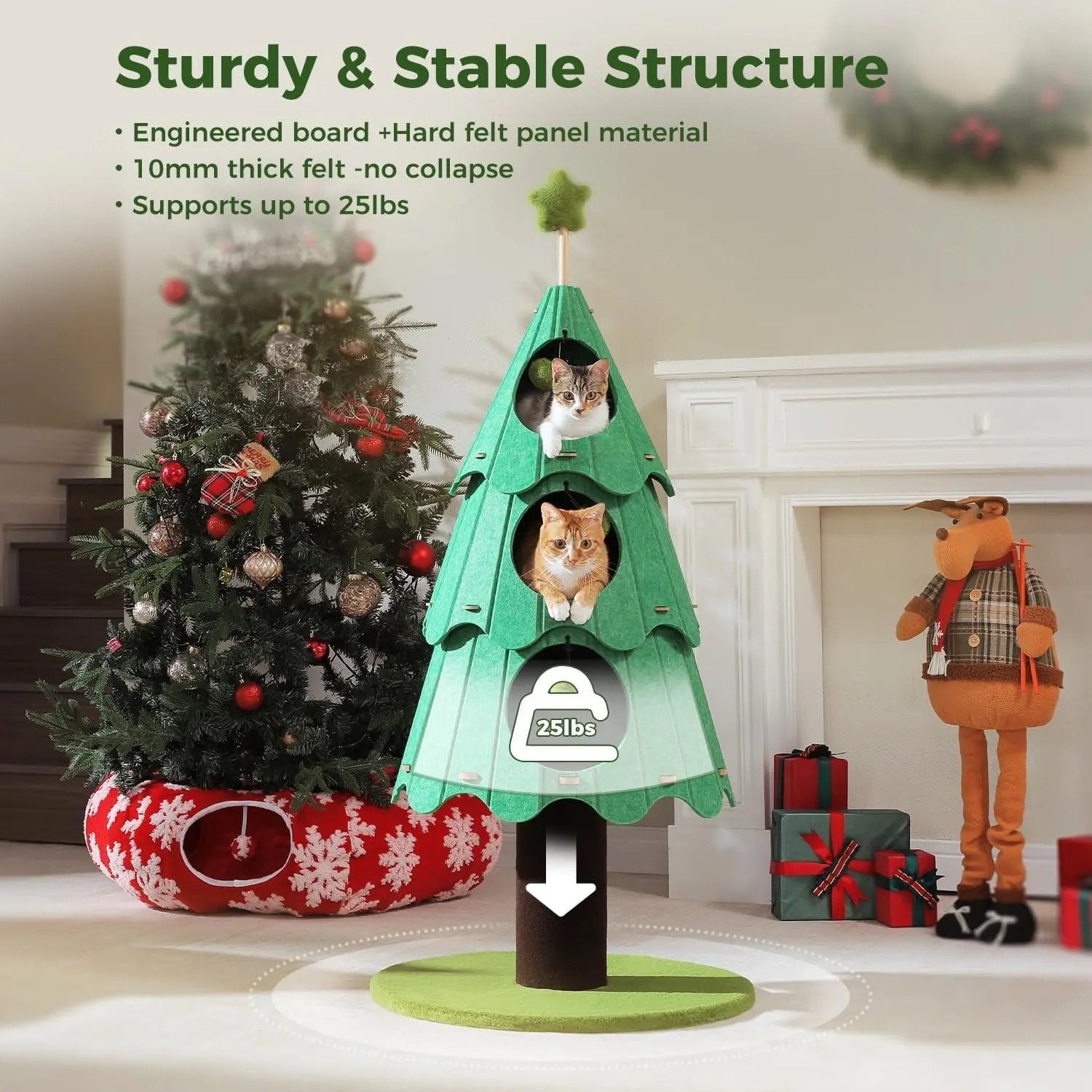 53" Christmas Cat Tree with 3 Condos, Multi-Level Indoor Cat Tower, Green