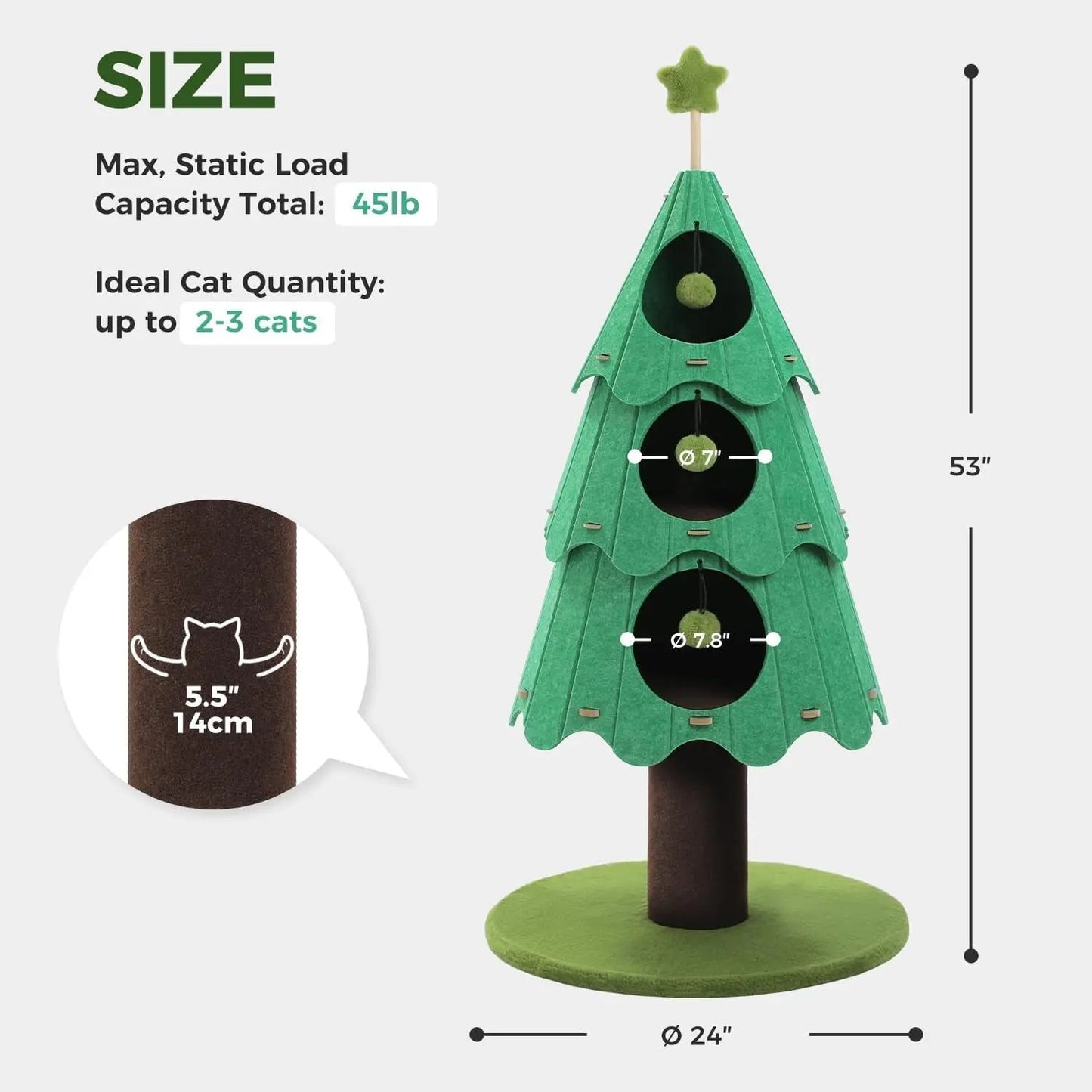 53" Christmas Cat Tree with 3 Condos, Multi-Level Indoor Cat Tower, Green