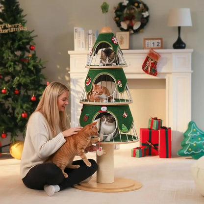 53" Christmas Cat Tree with 3 Condos, Multi-Level Indoor Cat Tower, Green Green 51.2" Christmas Tree