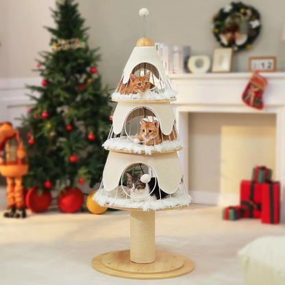 53" Christmas Cat Tree with 3 Condos, Multi-Level Indoor Cat Tower, Green White 51.2" Christmas Tree