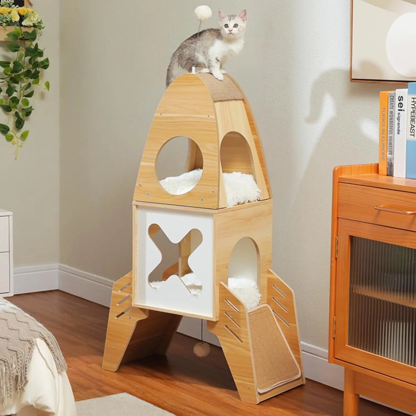 53" Christmas Cat Tree with 3 Condos, Multi-Level Indoor Cat Tower, Green Beige Spacex Starship-M