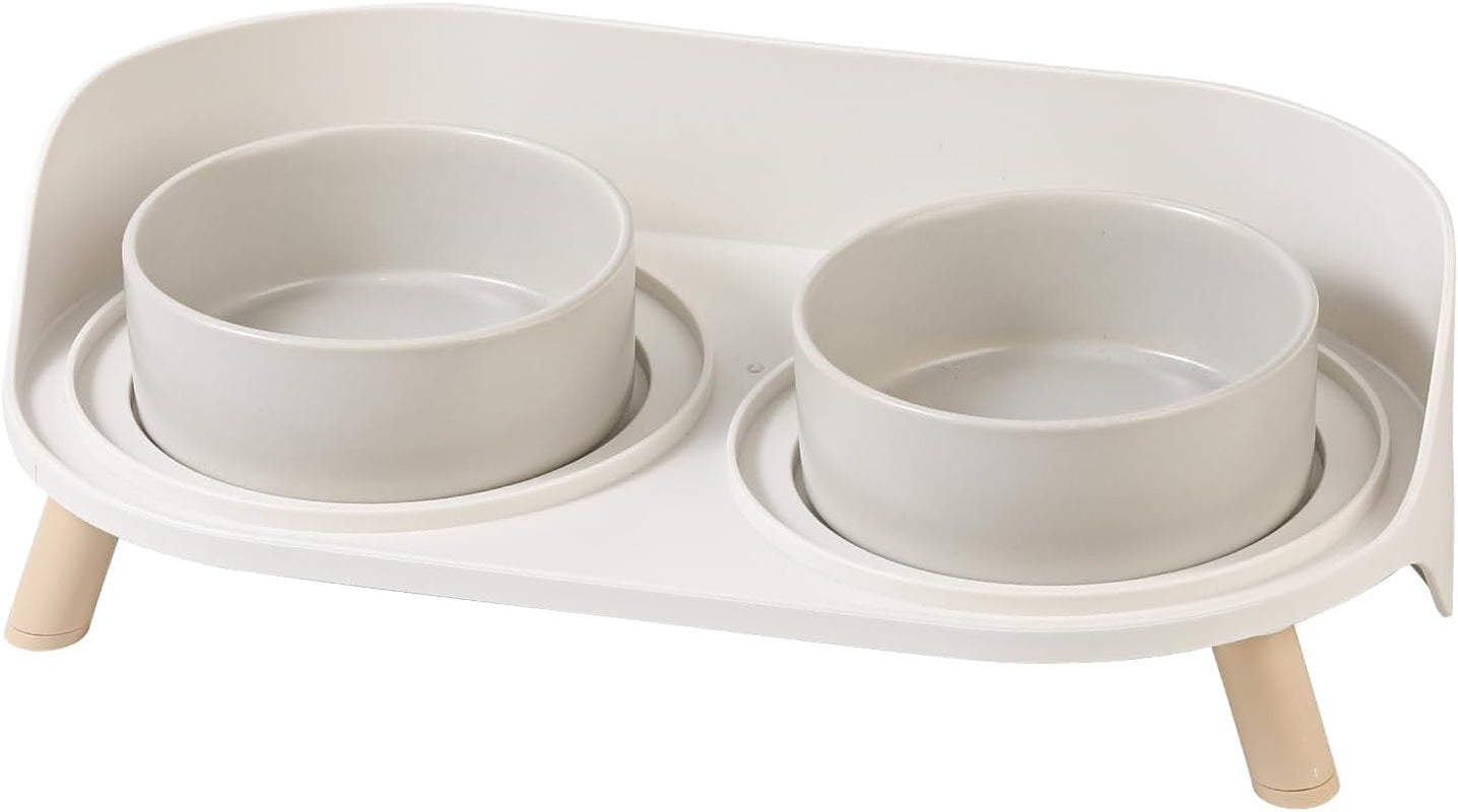 Elevated Ceramic Cat & Dog Bowl Set with Splash Guard, Non-Slip Stand (2x480ml) Grey Small