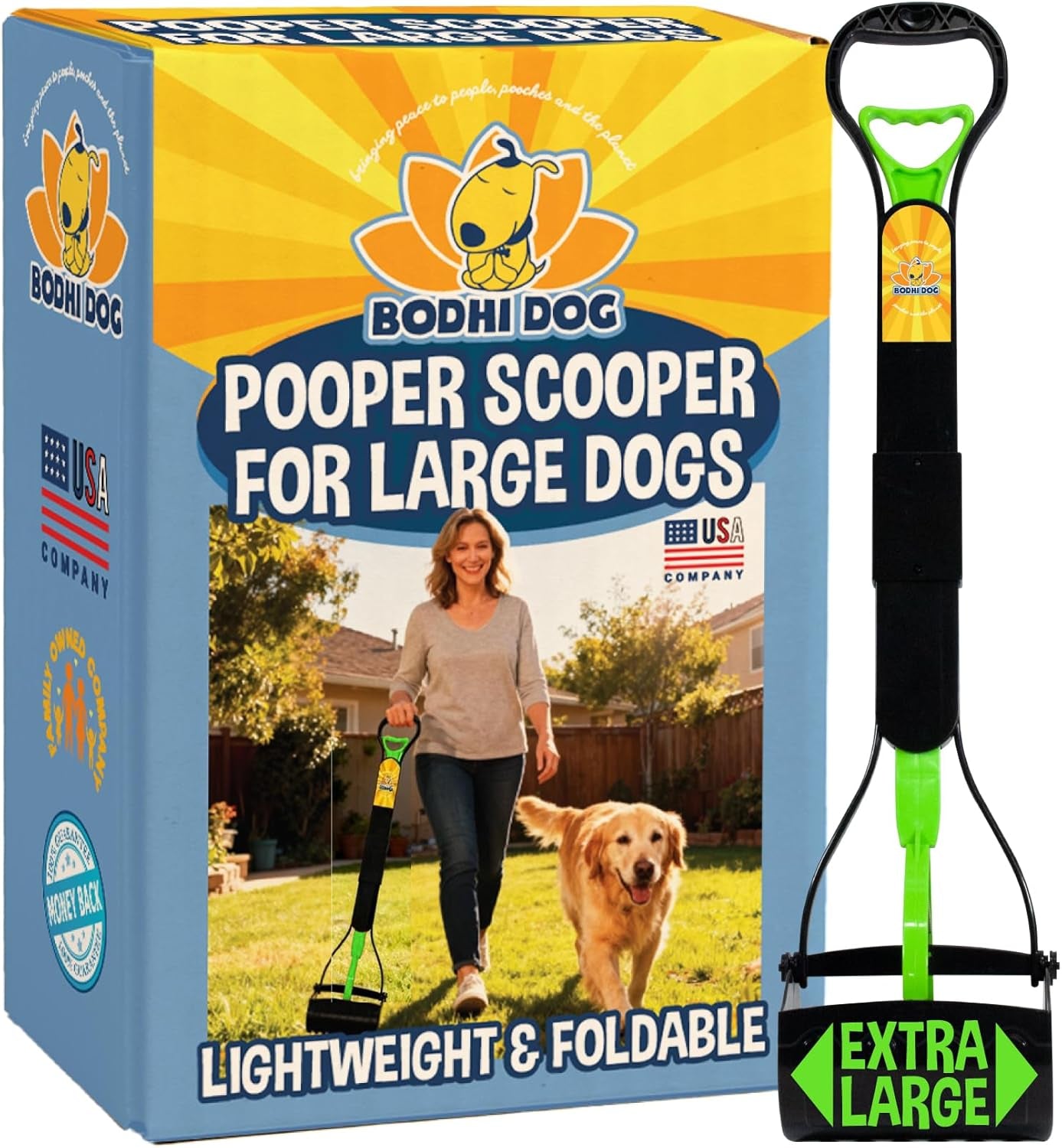 32” Tall Pooper Scooper for Large Dogs Foldable Long Handle Waste Picker Green