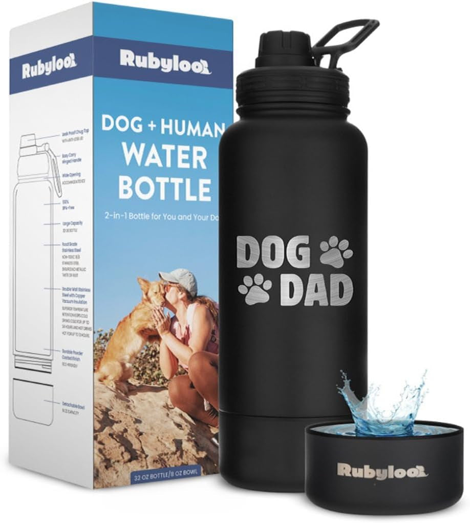 Dog Mom Water Bottle 32oz Insulated Stainless Steel with Dog Bowl Travel Dog Dad: Black