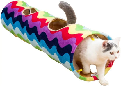 Plush Cat Tunnel Bed & Play Met - Large 10" x 3" Flexible Play Tube with Cushion & Toys for Cats, Kittens & Small Dogs