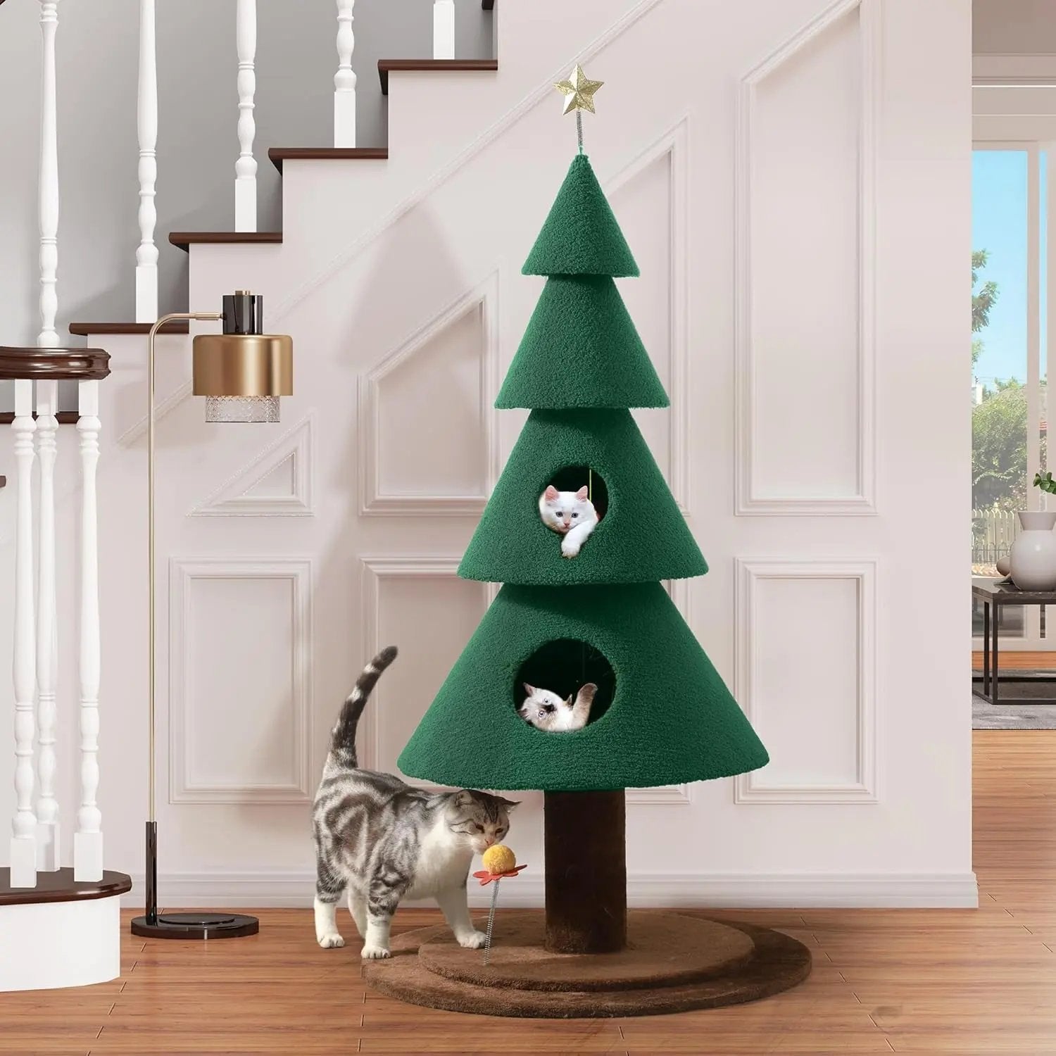 60" Christmas Cat Tree Tower w/ 2 Condos – Festive Indoor Cat Furniture 60In