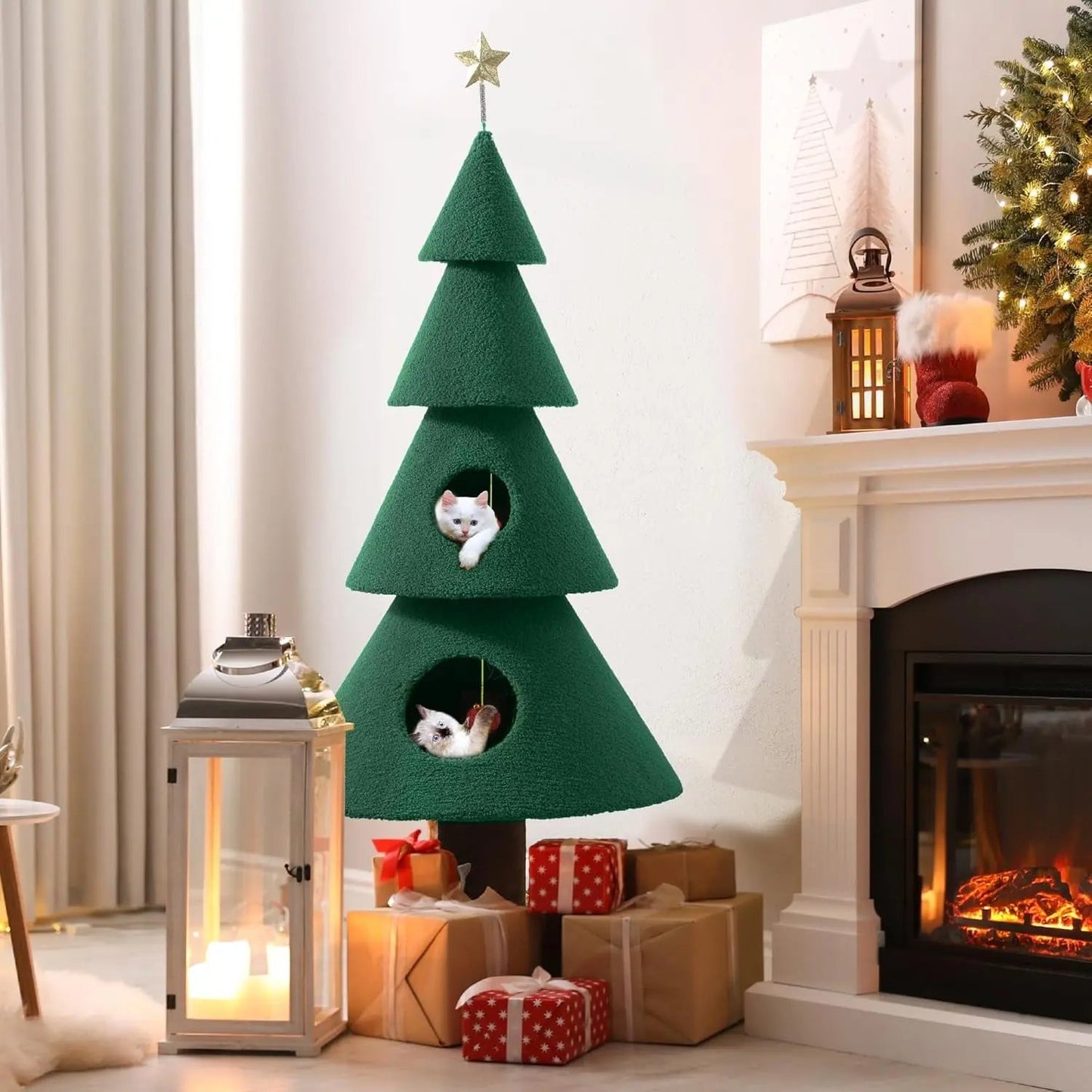 60" Christmas Cat Tree Tower w/ 2 Condos – Festive Indoor Cat Furniture