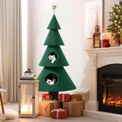 60" Christmas Cat Tree Tower w/ 2 Condos – Festive Indoor Cat Furniture
