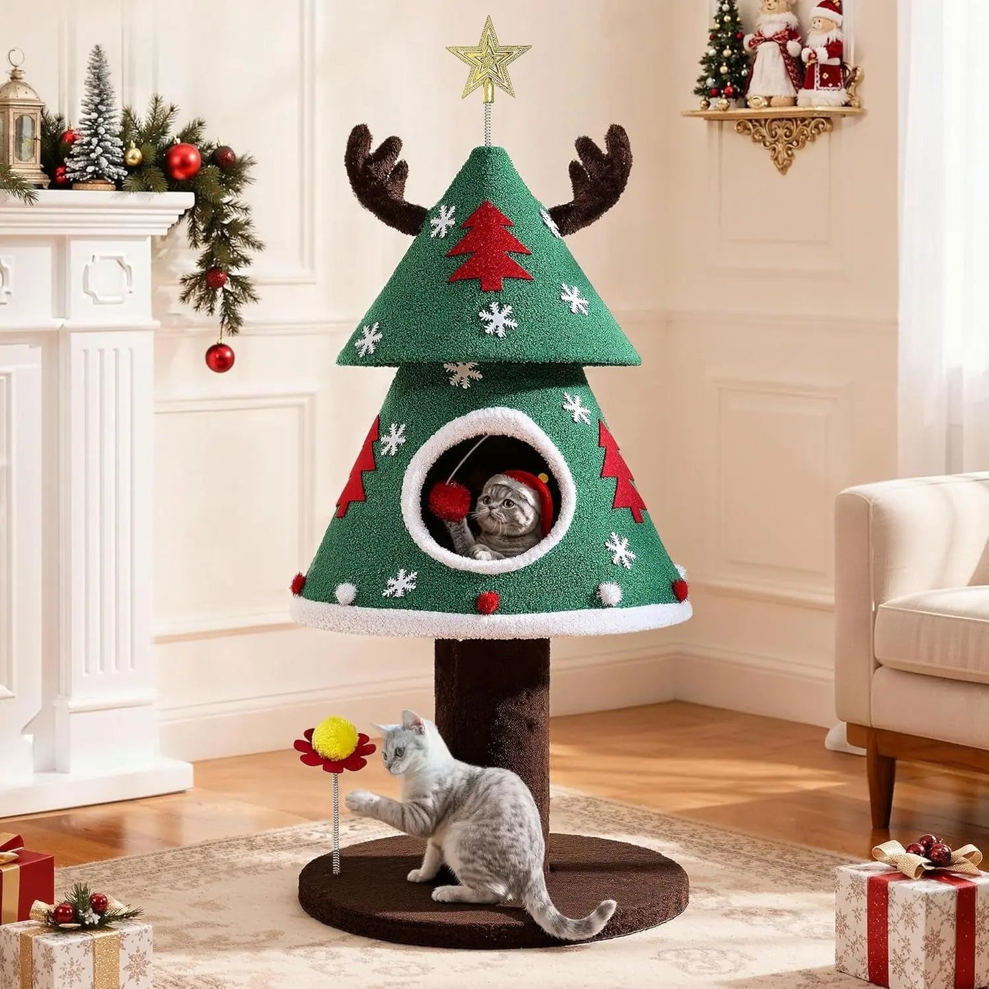 60" Christmas Cat Tree Tower w/ 2 Condos – Festive Indoor Cat Furniture 47.2In