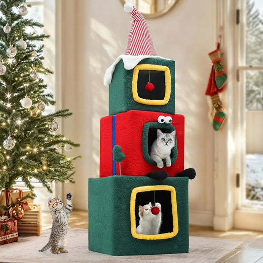60" Christmas Themed Cat Tree Tower with 3 Cat Houses & Toys 60In