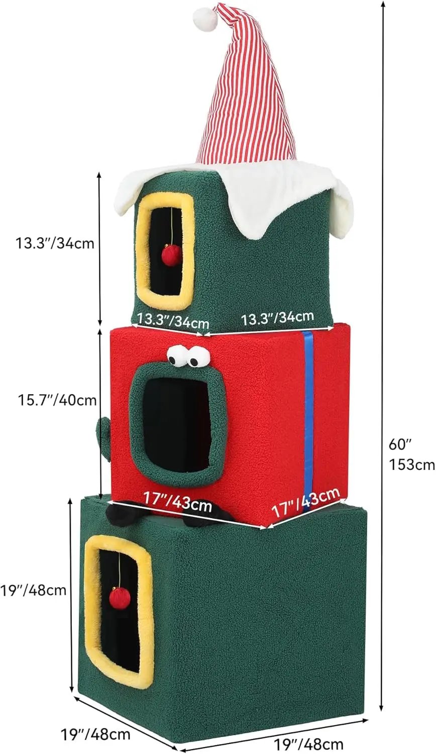60" Christmas Themed Cat Tree Tower with 3 Cat Houses & Toys