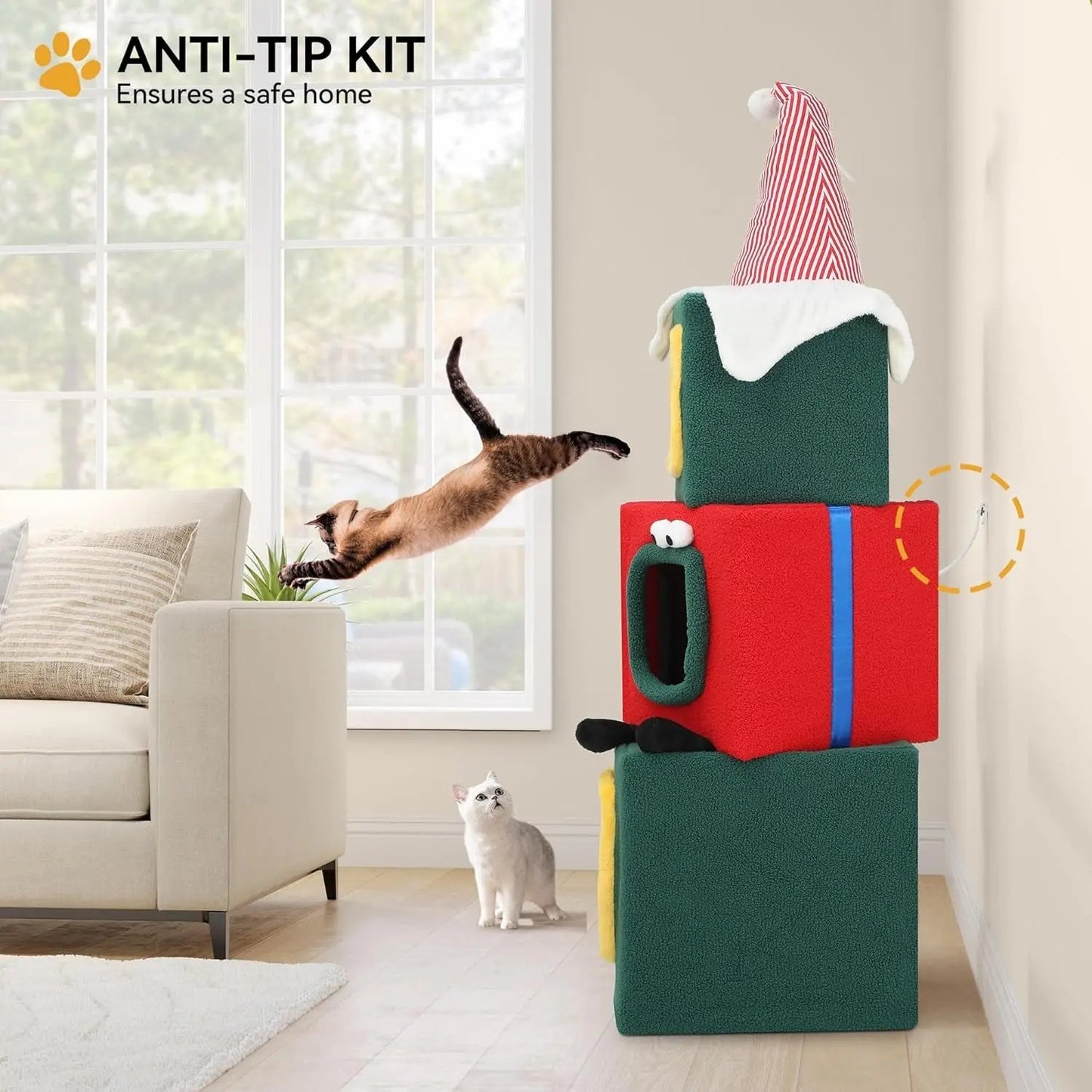 60" Christmas Themed Cat Tree Tower with 3 Cat Houses & Toys